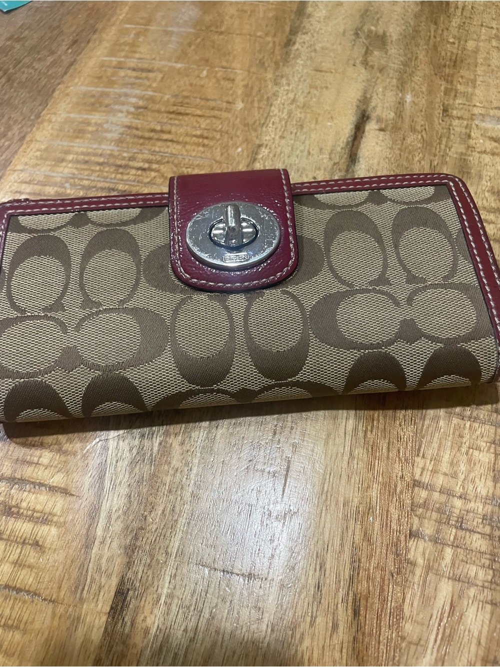 Coach Signature Canvas Card Wallet with Magenta Leather Trim
